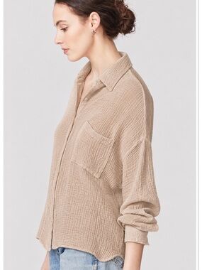 Stateside $205 Gauze Long Sleeve Oversized Shirting Top Tan Taupe Small EUC